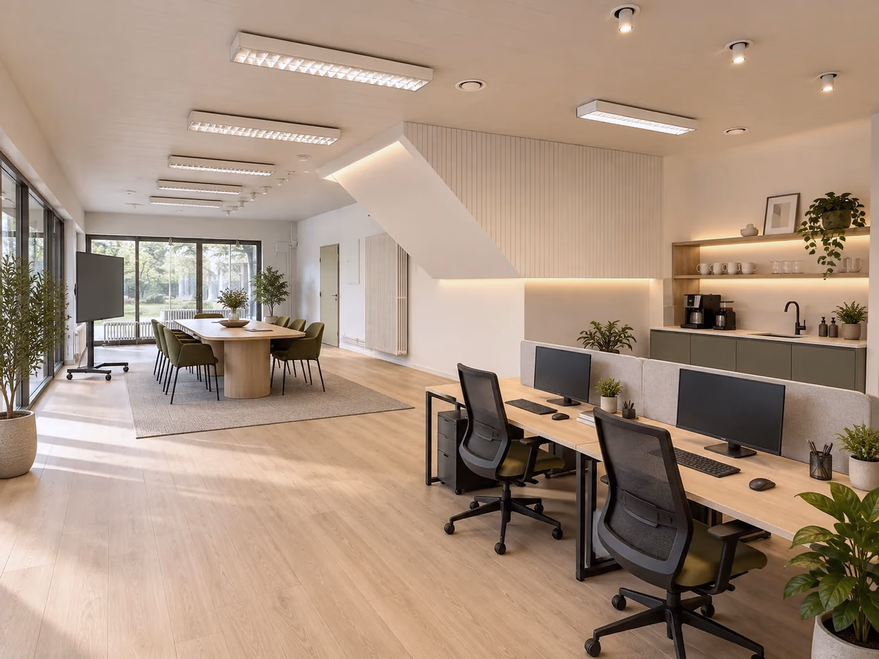 Visualisierung des Raums: zwei Arbeitsplätze mit Monitor vorn, dahinter Meetingtisch, Display und Küchenzeile