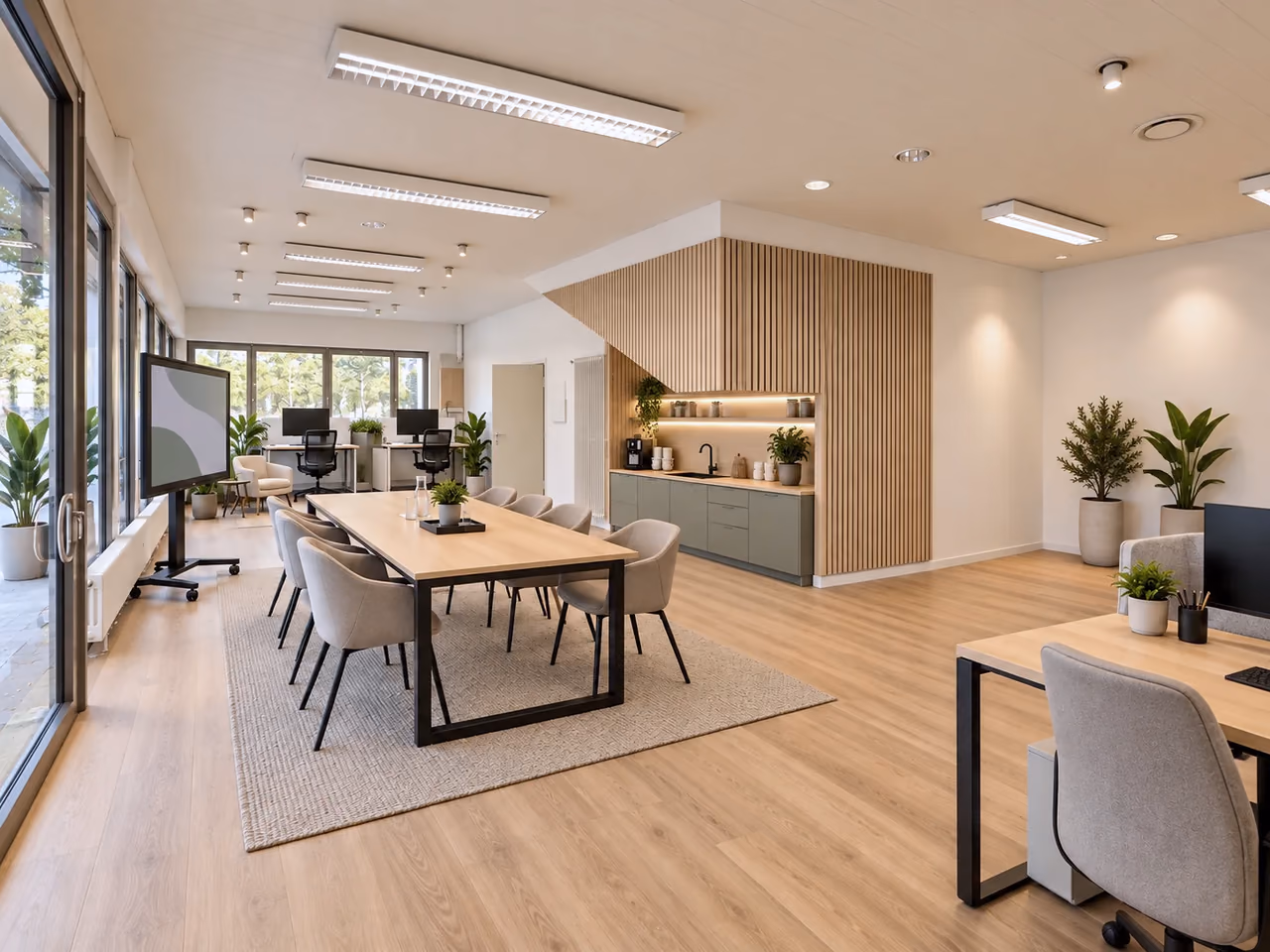 Visualisierung des ganzen Raums: Arbeitsplätze mit Monitor, Meetingtisch, Display und Küchenzeile