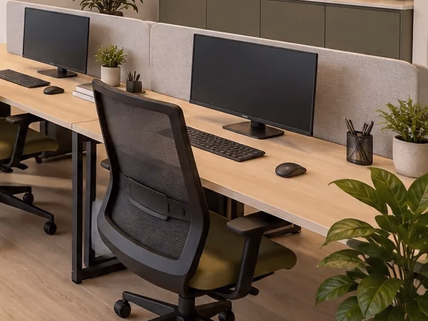 Visualisierung: Arbeitsplatz mit Monitor, Tastatur und Bürostuhl