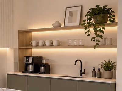 Visualisierung: Küchenzeile mit Kaffeemaschine und Tassen im Regal